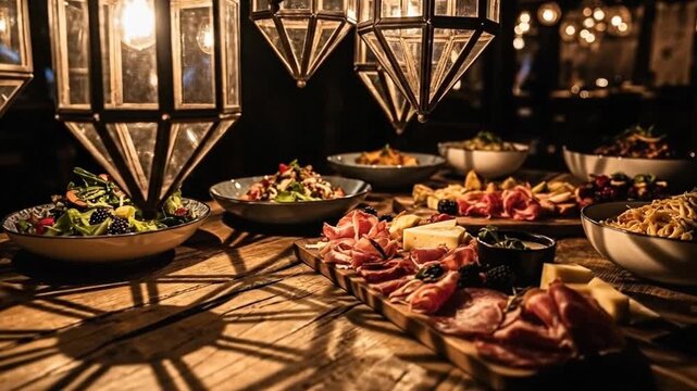 Exotic Buffet Table with Lantern Lighting and Shadow Patterns.