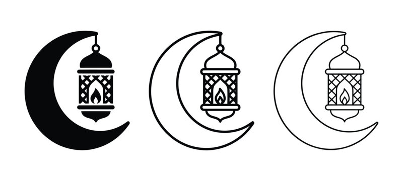 Crescent moon with hanging lantern icon set Vector