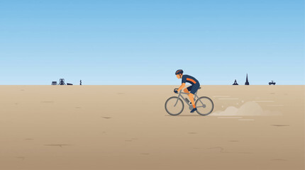 Fototapeta premium This flat design illustration depicts a lone stylized cyclist exploring the expansive playa, with subtle dust trails and distant art. It's a clean 2D vector graphic symbolizing freedom and individual 