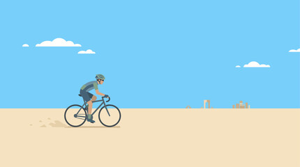 Fototapeta premium This flat design illustration depicts a lone stylized cyclist exploring the expansive playa, with subtle dust trails and distant art. It's a clean 2D vector graphic symbolizing freedom and individual 
