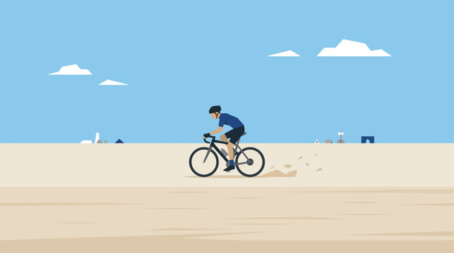 This flat design illustration depicts a lone stylized cyclist exploring the expansive playa, with subtle dust trails and distant art. It's a clean 2D vector graphic symbolizing freedom and individual 