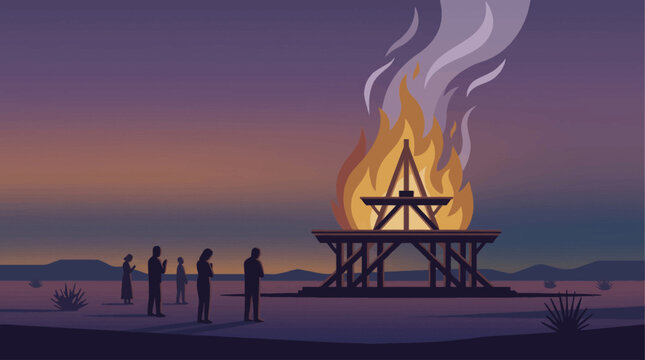 A poignant flat design illustration depicting the solemn 'Temple' effigy burning against a twilight sky, with respectful silhouetted figures observing. 