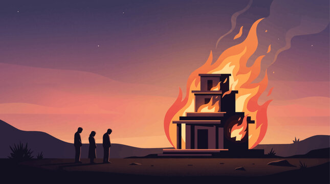 A poignant flat design illustration depicting the solemn 'Temple' effigy burning against a twilight sky, with respectful silhouetted figures observing. 