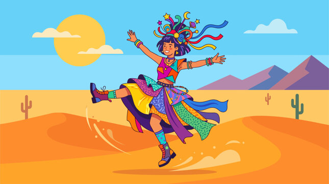 This flat design illustration features a stylized character embodying radical self-expression through a unique and vibrant costume, set against a simple desert background. 