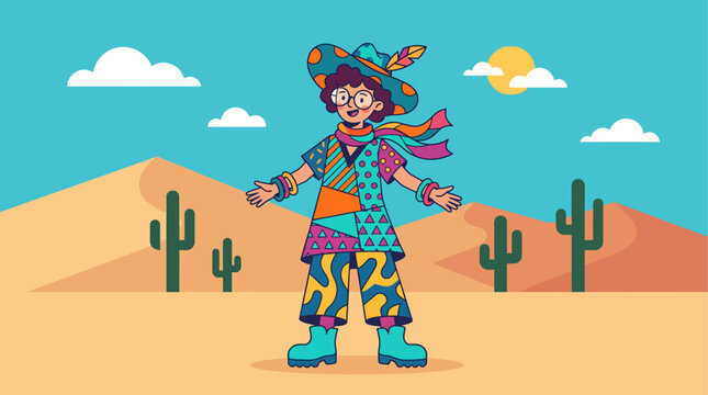 This flat design illustration features a stylized character embodying radical self-expression through a unique and vibrant costume, set against a simple desert background. 