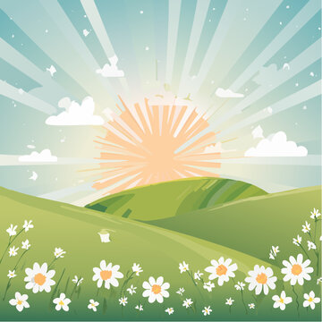 Sunrise over rolling green hills with daisies