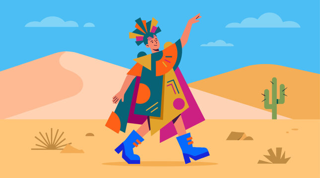 This flat design illustration features a stylized character embodying radical self-expression through a unique and vibrant costume, set against a simple desert background. 