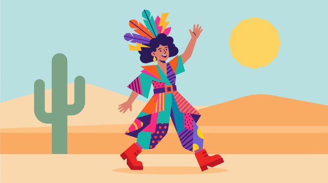 This flat design illustration features a stylized character embodying radical self-expression through a unique and vibrant costume, set against a simple desert background. 