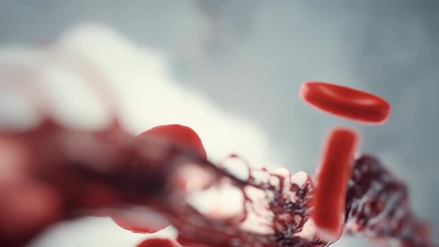 Microscopic view of red blood cells moving within a vein or artery, illustrating the active biological process of circulation and human anatomy at a cellular level