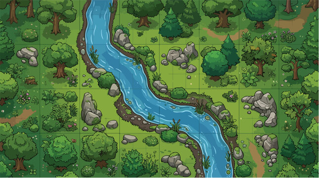 Pixel art forest map with river, top-down game background with trees and rocks, fantasy RPG wilderness landscape vector for gaming