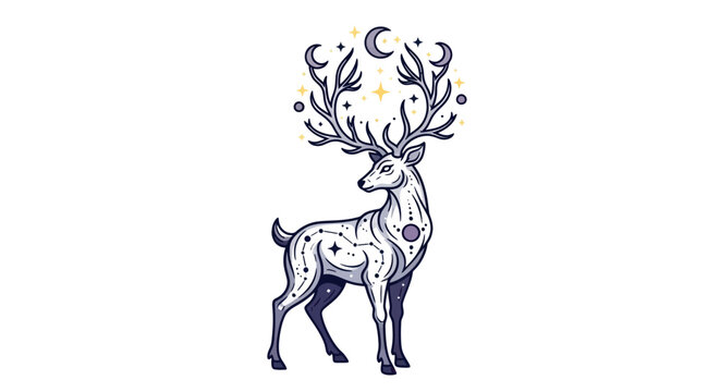 Mystical Stag with Celestial Antlers and Moon Phases, Cosmic Deer Illustration