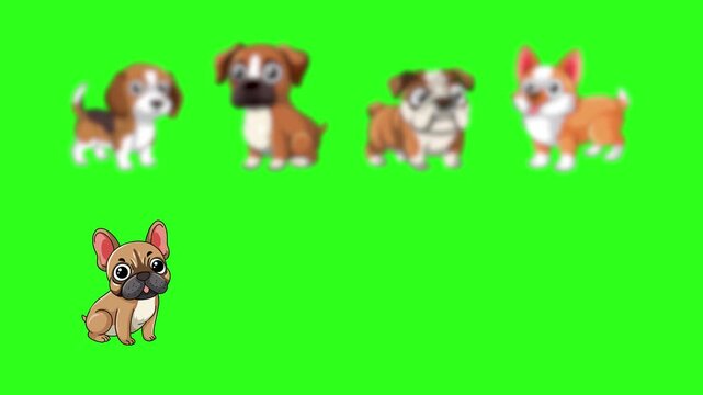 Group of Eight Cartoon Dog Breeds Appearing on Green Screen