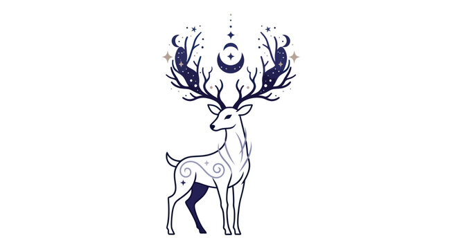 Mystical Stag with Celestial Antlers, Moon, Stars, and Cosmic Elements