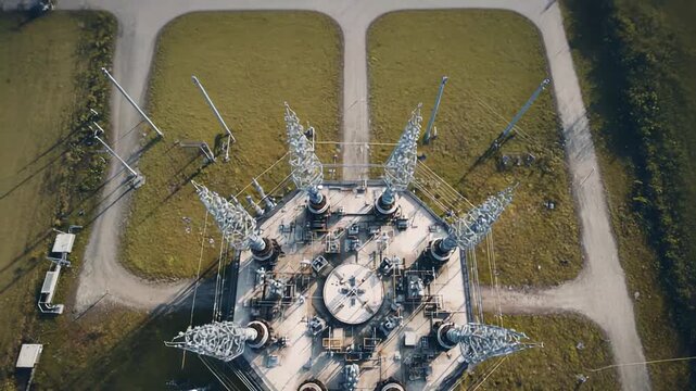 Aerial view capturing a large industrial power station facility with metal towers and intricate electricity cables distributing energy across the landscape, showcasing modern infrastructure