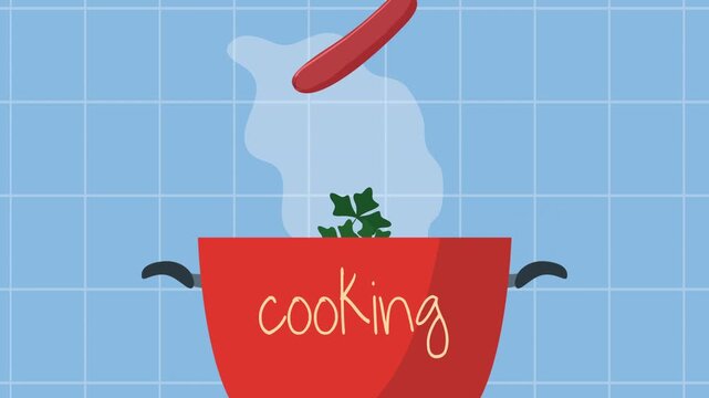 Animation of red pot cooking various vegetables and sausage ingredients with steam.