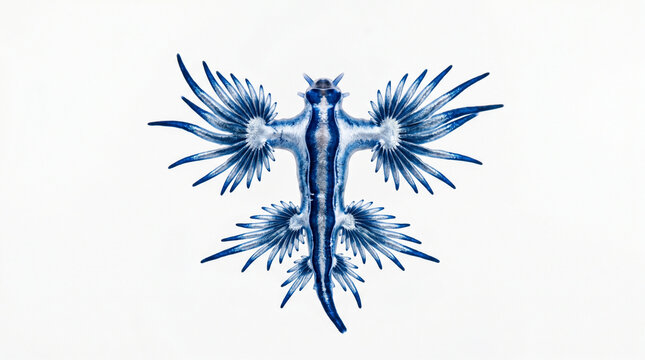 Blue sea slug with featherlike cerata on its body isolated on white background