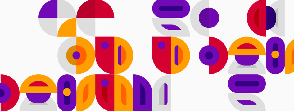 Abstract geometric shapes, vibrant colors, modern design. Circles, ovals, rectangles overlap creating playful composition.