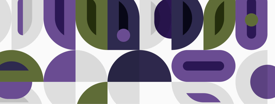 Abstract pattern features overlapping semicircles, ovals, rectangles. Colors include olive, lavender, cream. Modern design, simple shapes.