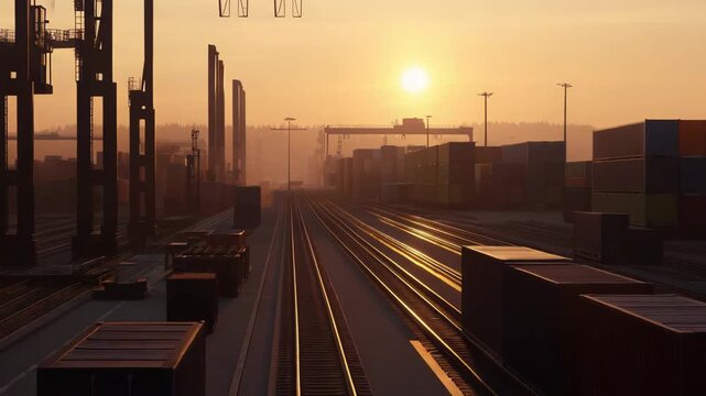 Industrial container terminal busy with stacks of cargo containers, cranes, and multiple railroad tracks during a picturesque sunset, representing global trade and transportation