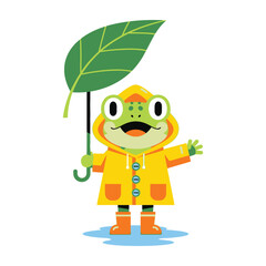 Obraz premium Cute Happy Frog Wearing Yellow Raincoat Holding a Green Leaf Umbrella Standing in a Puddle