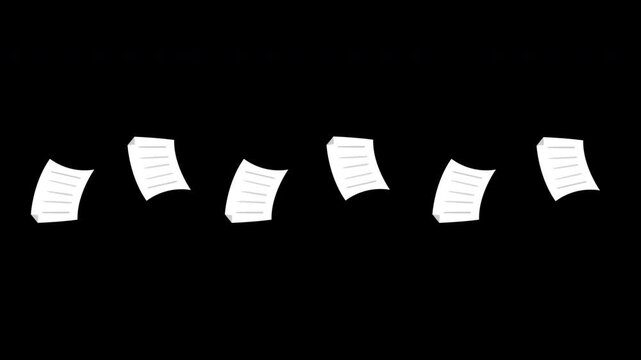 falling papers floating through the air, symbolizing chaos, motion, creativity, or the dispersion of ideas animation With alpha channel.