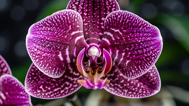 Closeup of a beautiful blooming purple orchid flower with intricate patterns.