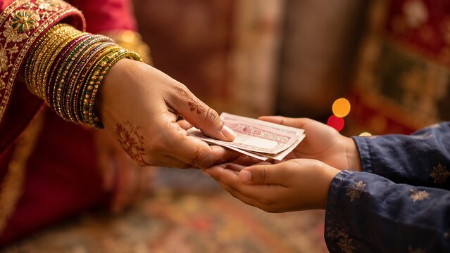 Muslim hands exchanging Eidi cash gift in traditional clothing during Eid al-Adha family celebration closeup