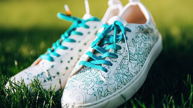 Artistic Sneakers in the Grass: A Close-Up View of Hand-Painted Canvas Shoes with Teal Laces