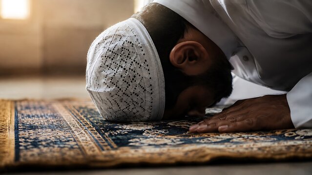 Muslim man in white prayer cap in deep ruku bow position on green gold prayer rug during Eid al-Adha salat