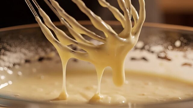 Closeup of a whisk mixing a creamy yellow batter in a glass bowl.