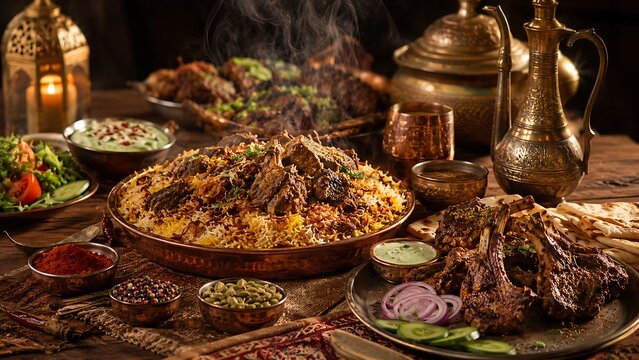 Traditional Middle Eastern Eid al-Adha feast with fragrant rice Qurbani meat and aromatic spices on wooden table