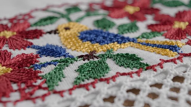 Closeup of intricate floral and bird embroidery on fabric.