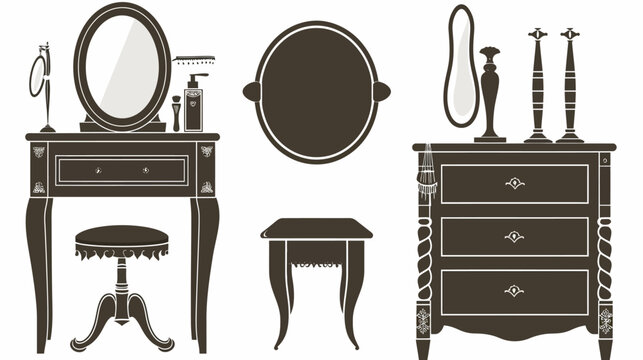 Ornate dark brown silhouette of matching vanity table, dressing table, and stools on white