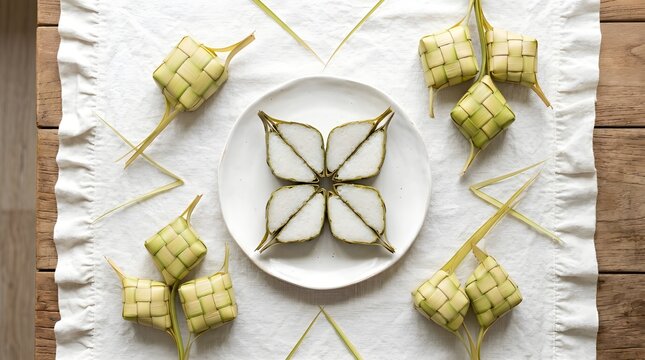 Ketupat Lebaran Cut on a White Plate with a White Cloth Background on a Wooden Table
