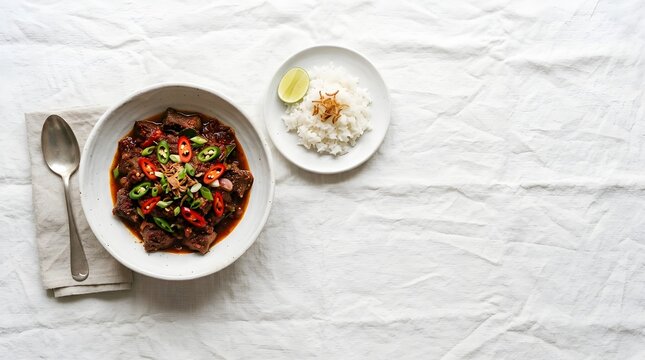 Spicy Indonesian Beef Stew Semur Daging Served with Rice and Lime on White Linen Background