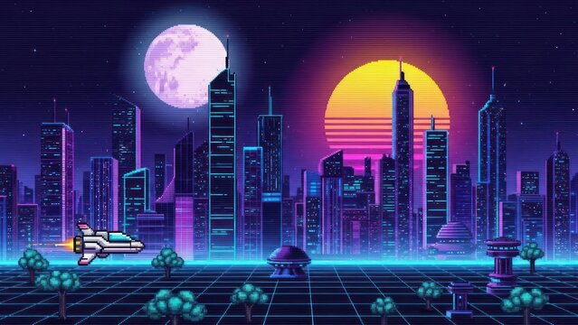 Neon cityscape at night illuminated by a moon and sun with a retro grid design