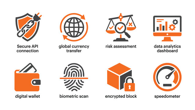Set of eight technology and finance icons including secure API, global currency transfer, risk assessment, and data analytics dashboard.