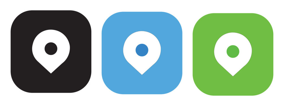 Location pin icons in black blue green squares with location, navigation