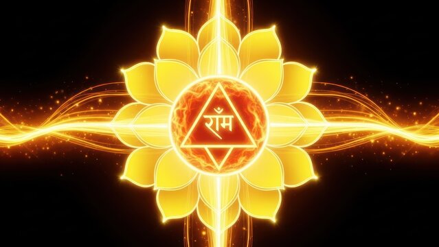 Vibrant manipura chakra illustration with radiant light waves and lotus petals