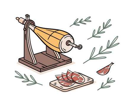 Illustration of a traditional Spanish jamon leg on a stand with sliced cured ham, rosemary sprigs, and a small piece of meat.