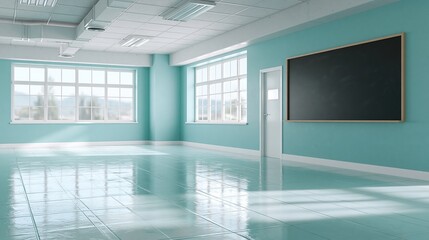 Fototapeta premium Empty Bright Turquoise Classroom with Large Windows and Black Chalkboard Ready for Learning