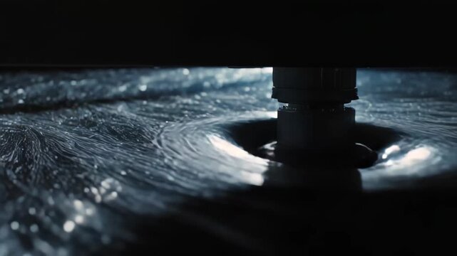 Close up of automated laser cutting machine head working on a textured fabric material, creating intricate designs with precision and advanced industrial technology