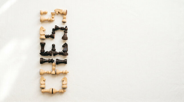 Chess pieces arranged on a light background in flatlay style  