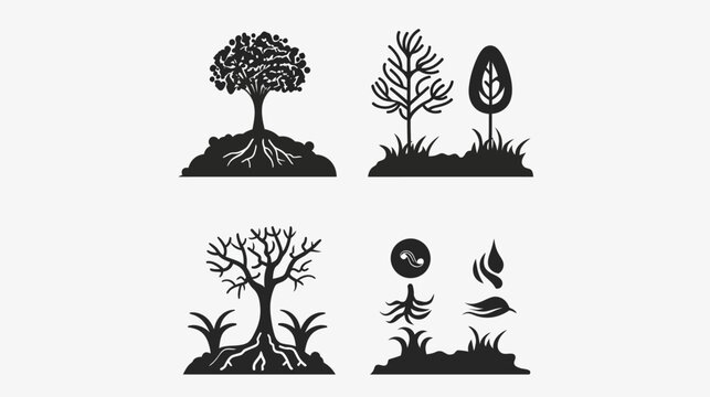 Black silhouetted tree & greenery illustrations on a white background divided into quadrants