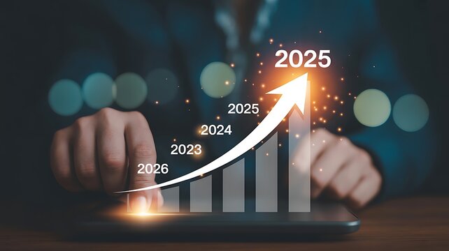 Visualizing business growth and success in the year 2025 with a rising arrow chart and futuristic digital background