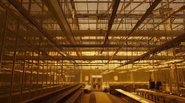 Large indoor greenhouse providing a controlled environment for agricultural experimentation and sustainable cultivation, featuring rows of growing beds under warm hydroponic led lights