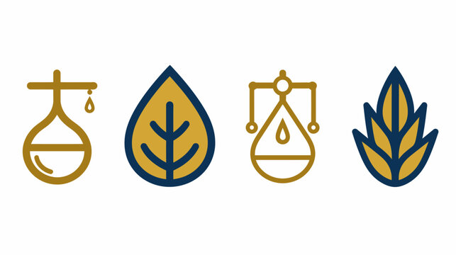 Four icons dripping oil lamp, waterdrop leaf, tech drop, wheat leaf in tan and navy