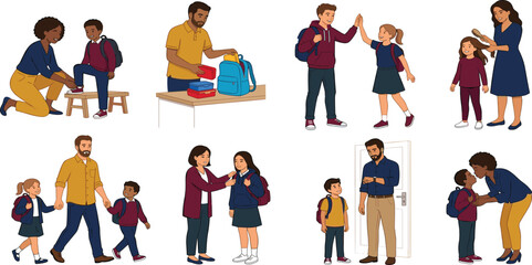 Back to school morning routine vector character set with parents preparing children for elementary classroom