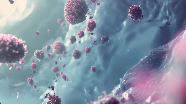 Microscopic virus particles are visible in a biological environment, actively replicating and attacking human cells, illustrating an infectious disease or pathogen spreading within an organism