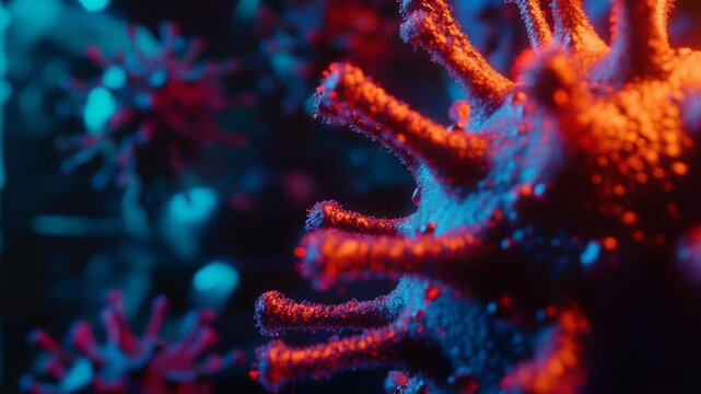Microscopic view of virus cells, displaying intricate surfaces and spike proteins, highlighting the viral structure impacting global health and biological research
